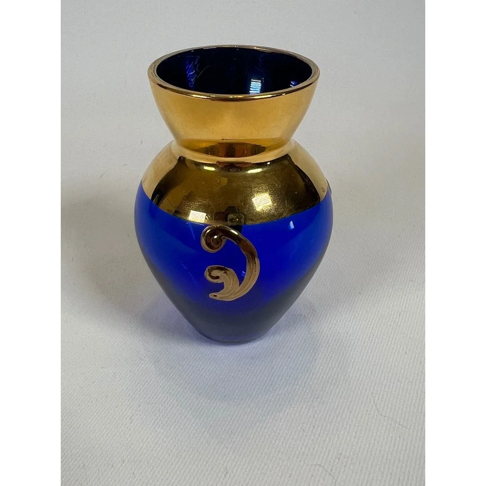 Vintage Murano Style Cobalt Blue Glass Bud Vase 24K Gold Enamel Flower 3.25